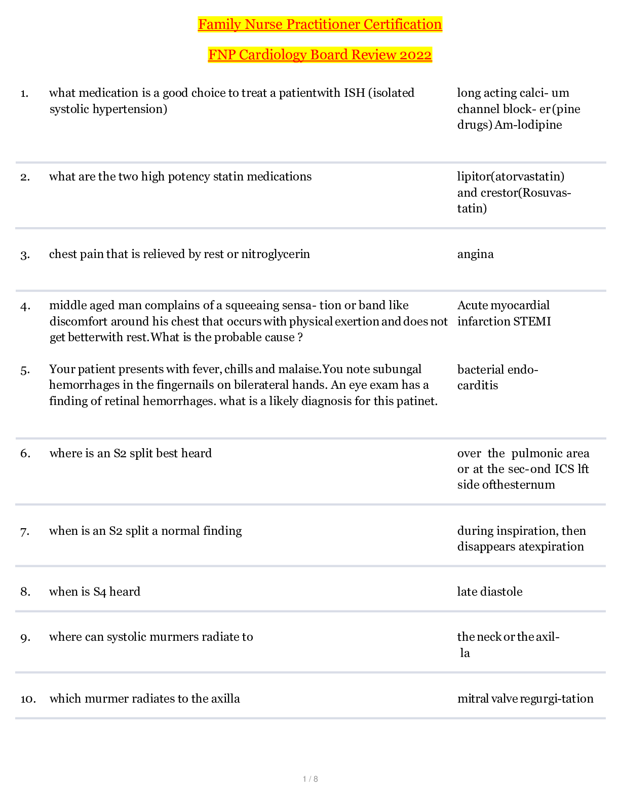 Preview image for Family Nurse Practitioner Certification_2022/2023 | FNP 1 - Cardiology Board Review 2022_Graded A+